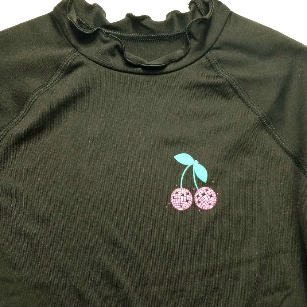 Black Long Sleeve Rashgaurd Swim Top with Cherry Embroidery Size 8